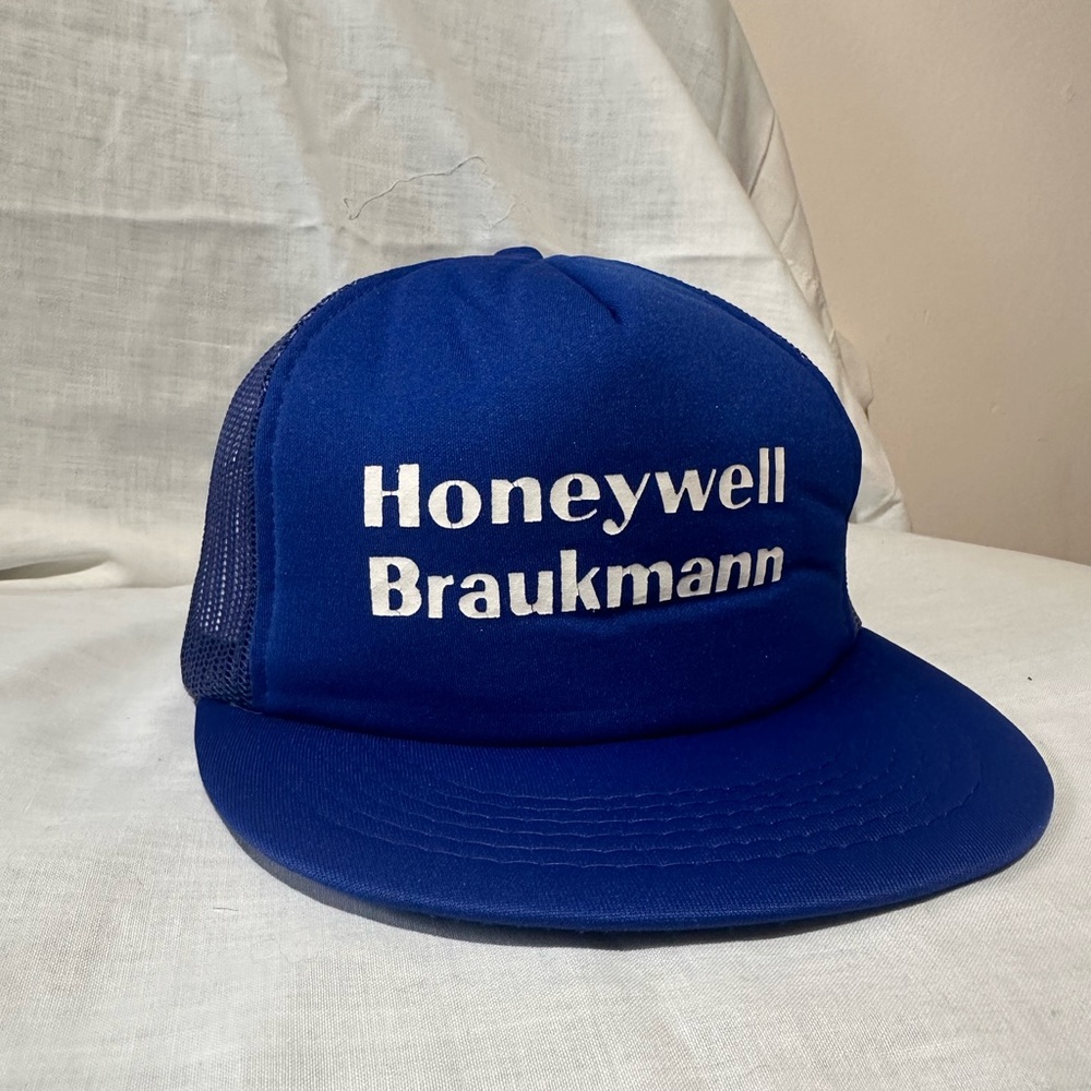 Vintage 80's BLUE "Honeywell Braukmann" Trucker Hat/Cap Snapback Mesh